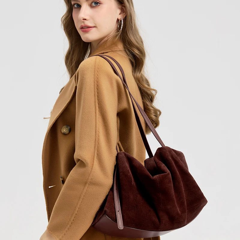 Women's Natural Nuede Genuine Leather Handbags Ladies large capacity Tote Bag Female Design Luxury Commuting Yoga Bag  hobo bag