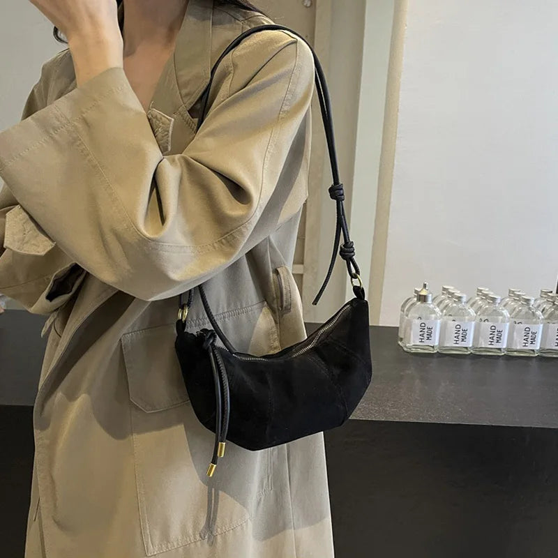 Retro Cow Horn Shaped Women's Shoulder Bag For Daily Used, Casual Ladies Handbags Rope Strap Soft Crossbody Bags