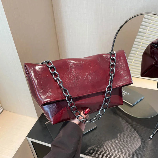 Burgundy Women Chain Shoulder Side Bag PU Leather Handbag And Purse Fashion Luxury Brand Lady Flap Sling Bag Daily Commuting Bag