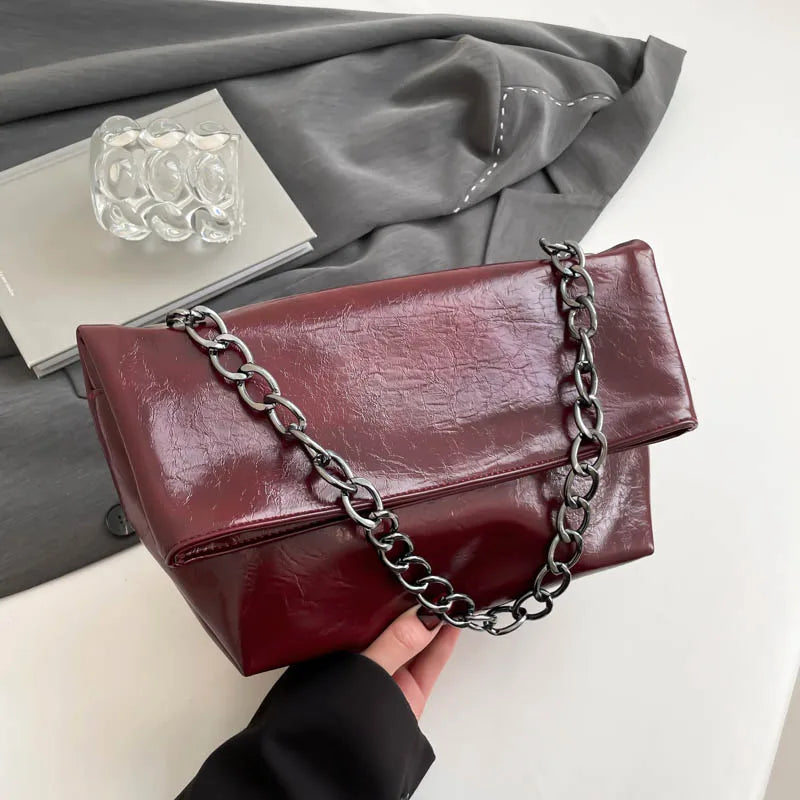 Burgundy Women Chain Shoulder Side Bag PU Leather Handbag And Purse Fashion Luxury Brand Lady Flap Sling Bag Daily Commuting Bag