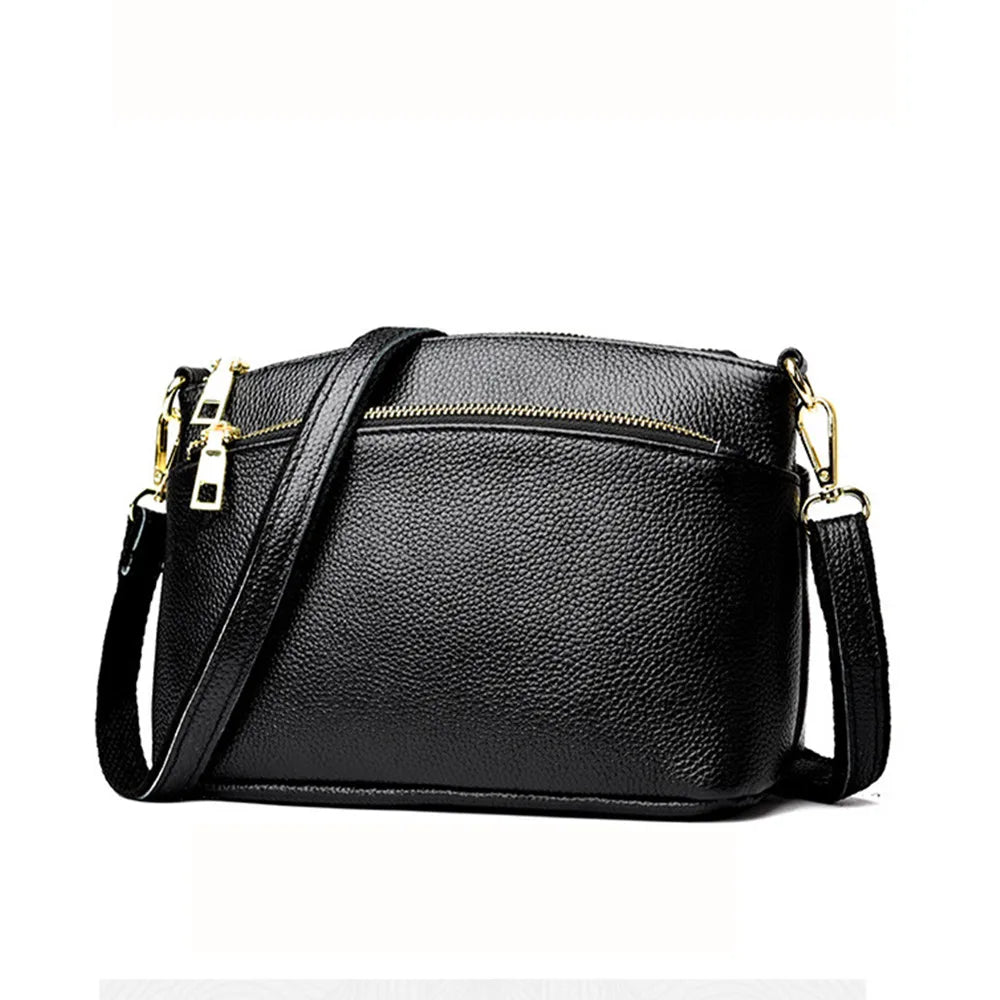 100% Genuine Leather Bag Fashion Women Cross Body Bag Black Handbag 3 Zippers Ladies Cowhide Crossbody Bag Female Handbag